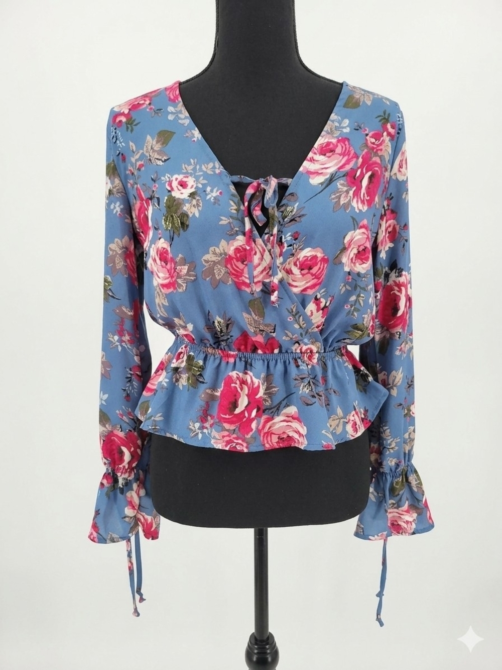 Ambiance Blue Floral Tie-Front Peplum Blouse